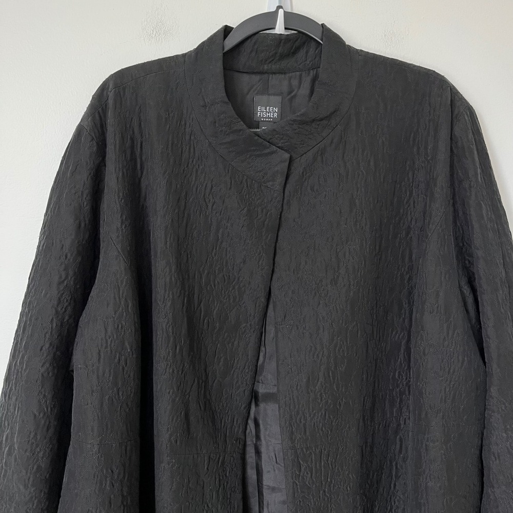 Eileen Fisher Quilted Stand Collar Silk Longline Open Jacket Womens 3X Black - Picture 3 of 12